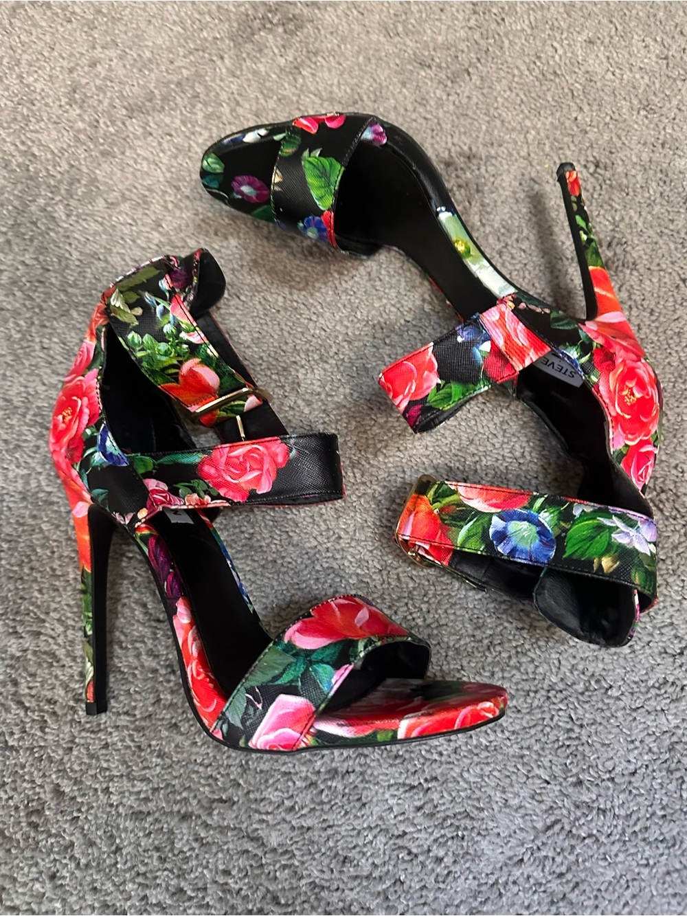 Steve Madden Floral Ankle-Strap Heels - Black with Red, Green, Blue Accents - Picture 8 of 10